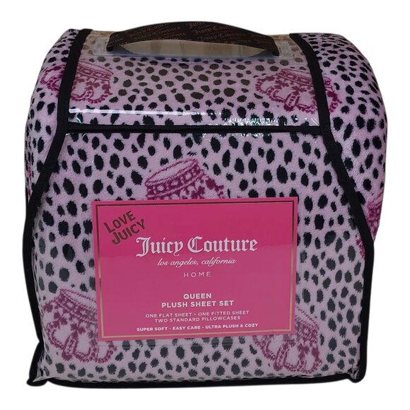 Juicy Couture Queen Plush Sheet Set Leopard & Logo Crown Print Purple Pink - Picture 10 of 10